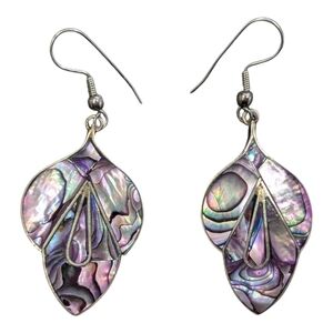 Vintage Alpaca Mexico Abalone Teardrop Dangle Earrings - Iridescent Purple